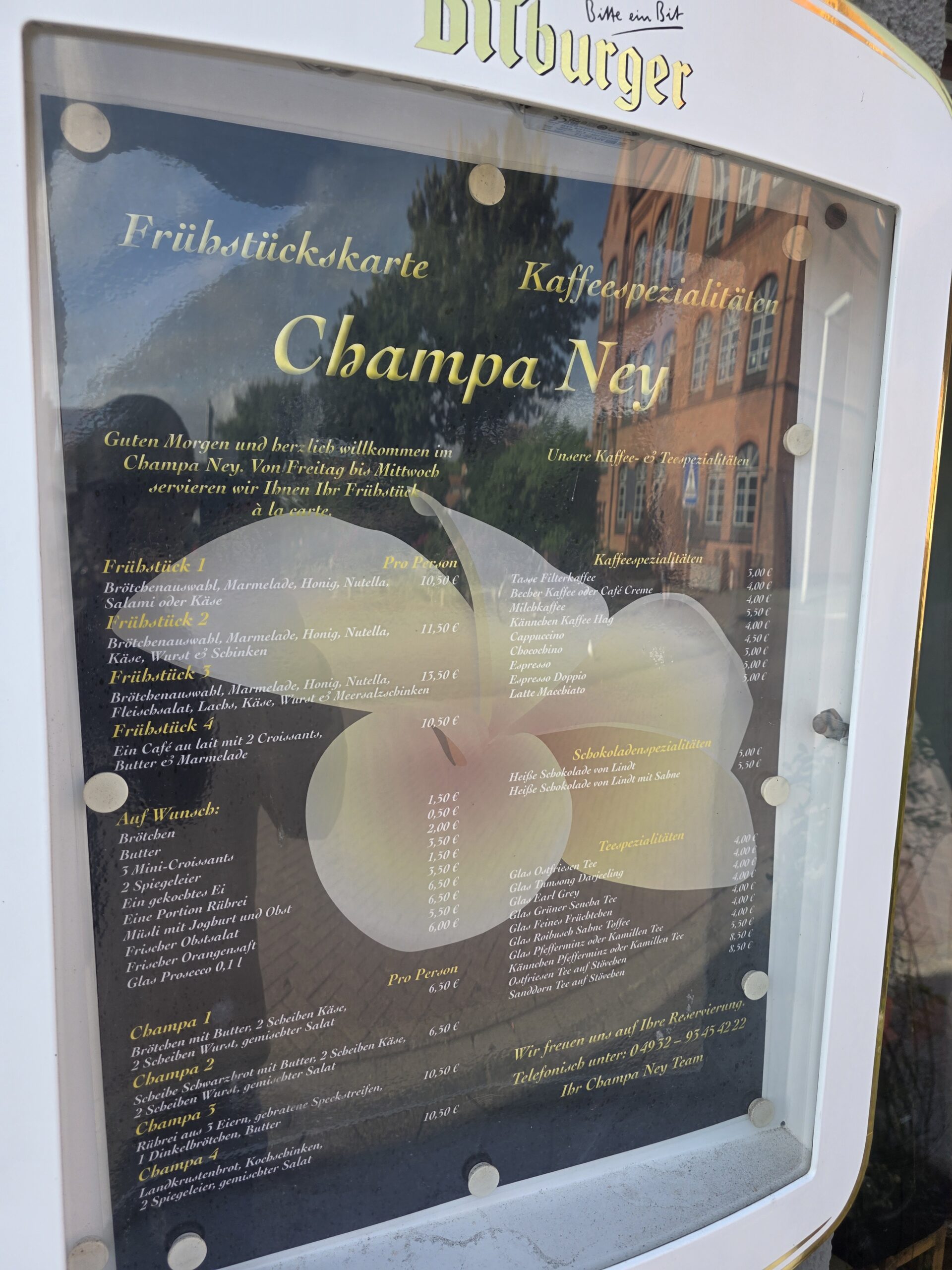 Frühstückskarte im Champa Ney Norderney – Frühstück von Freitag bis Mittwoch