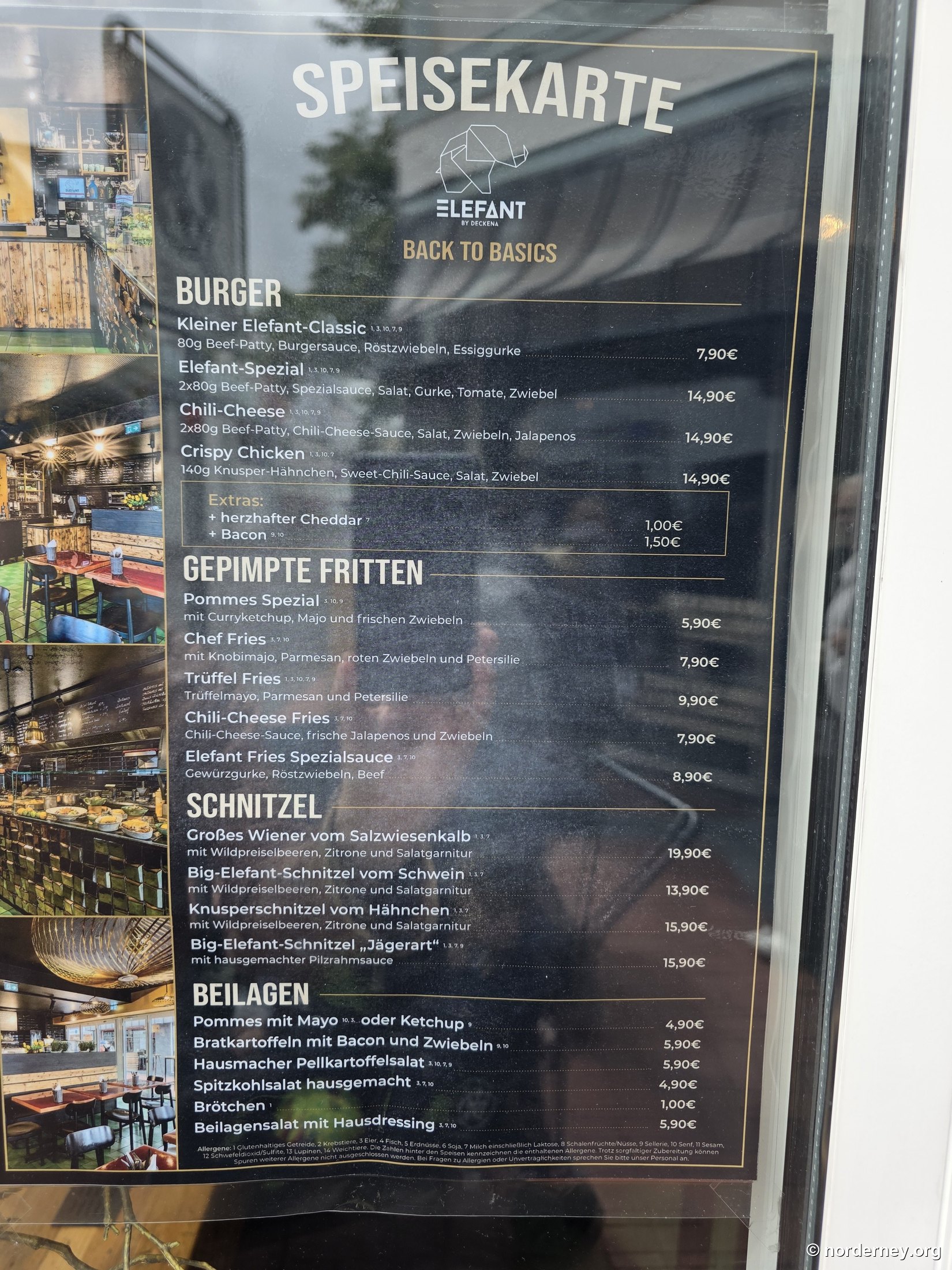 Speisekarte (Auszug): Burger, gepimpte Fritten, Schnitzel – Stand Juli 2026