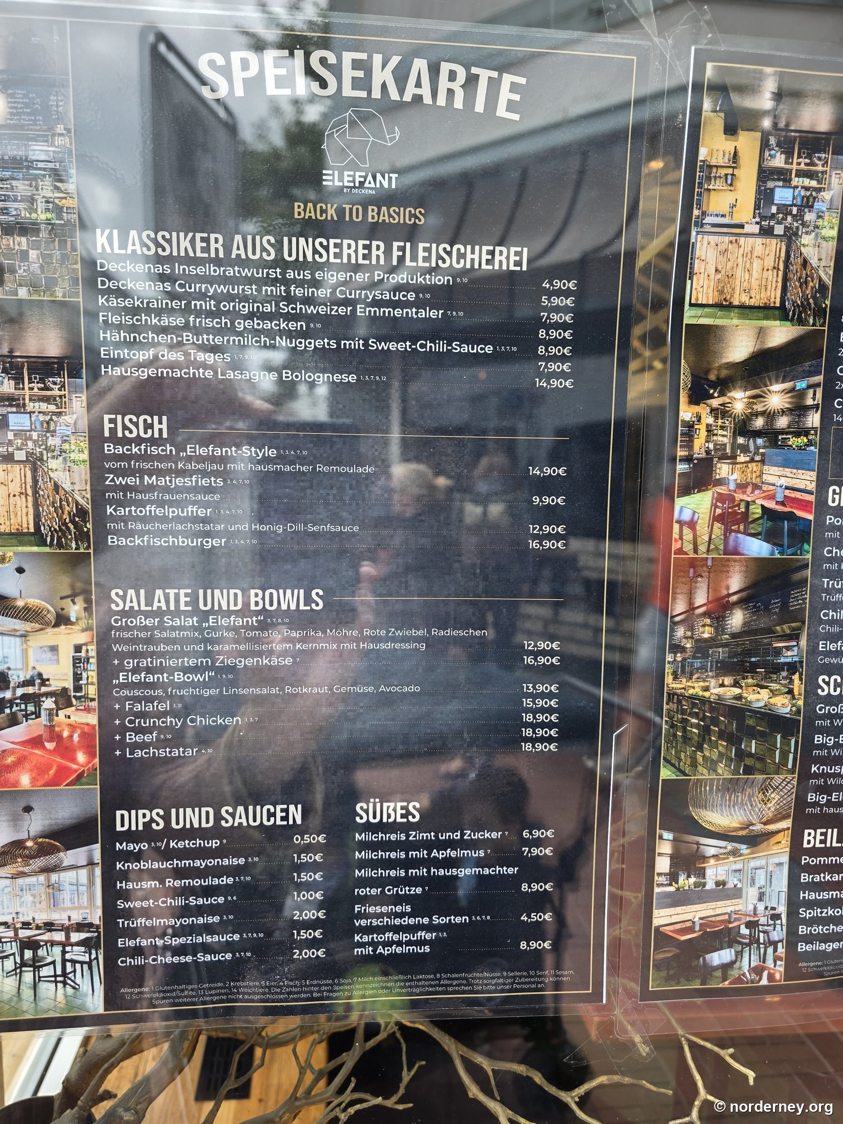 Speisekarte (Auszug): Klassiker aus eigener Fleischerei, Fisch, Salate & Bowls – Stand Juli 2026