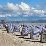 Schlafstrandkorb Norderney: Preis, Toilette, Buchung 2027 Reihen blau-weißer Strandkörbe am Sandstrand von Norderney unter weißen Sommerwolken