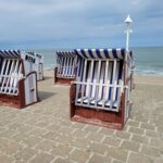 Wassertemperatur Norderney: Monatswerte und Badesaison Blau-weiße Strandkörbe auf der Strandpromenade von Norderney direkt an der Nordsee