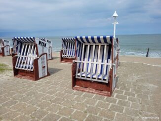 Blau-weiße Strandkörbe auf der Strandpromenade von Norderney direkt an der Nordsee