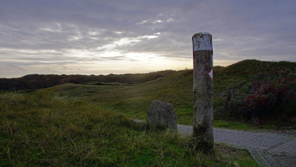 Gepflasterter Weg mit Markierungspfahl durch die grüne Dünenlandschaft von Norderney